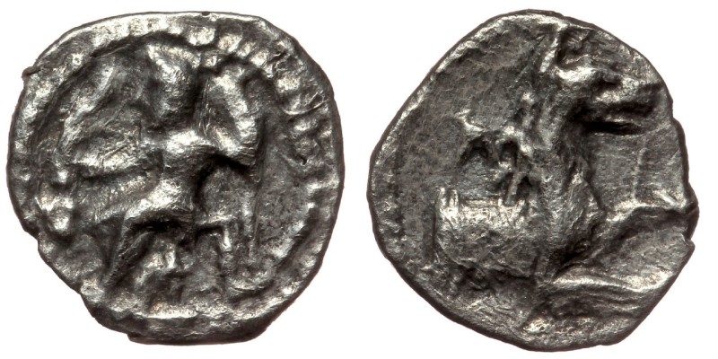 LYCAONIA. Laranda. Obol (Circa 324/3 BC).
Baal seated left on throne, holding gr...