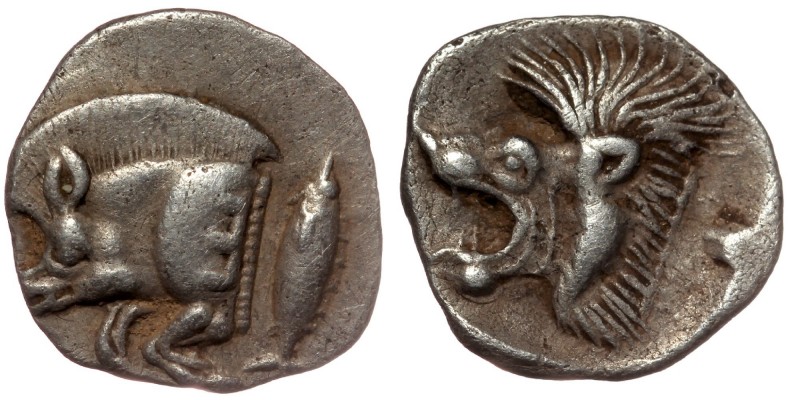 Mysia. Kyzikos circa 450-400 BC. AR Obol
Forepart of boar to left, tunny fish be...