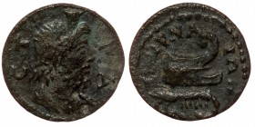 IONIA. Smyrna. Time of Septimius Severus, 193-211. AE
Obv: CTPA Draped bust of Serapis right, wearing calathus
Rev: Rev. ZMYPNAIΩN Prow right; below, ...