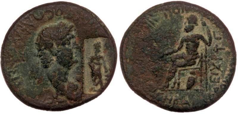 PHRYGIA. Acmonea. Nero (54-68). AE18
ΝƐΡWΝ(Α) ϹƐΒΑϹΤΟΝ ΑΚΜΟΝƐΙϹ; laureate bust o...