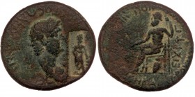 PHRYGIA. Acmonea. Nero (54-68). AE18
ΝƐΡWΝ(Α) ϹƐΒΑϹΤΟΝ ΑΚΜΟΝƐΙϹ; laureate bust of Nero with aegis, r.; below, caduceus / C/M: Asklepios standing right...