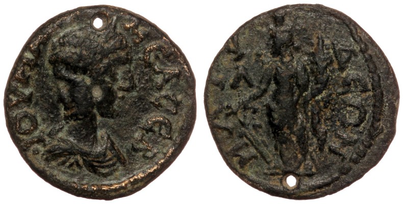 PAMPHYLIA, Magydus Julia Mamaea (222-235) AE19, holed
ΙΟΥ ΜΑΜƐΑ ϹƐΒ; diademed an...