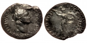 Domitian AR Denarius. Rome, AD 81
Laureate head right 
Rev: Minerva advancing to right, holding shield and brandishing spear. 
RIC 58; BMCRE 11; RSC 5...