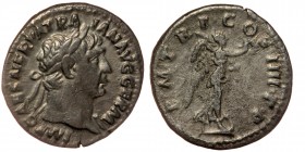 Trajan AD 98-117. Rome. Denarius Rome
laureate head of Trajan to right.
Rev: Victory standing right on prow, holding palm frond with her left hand and...