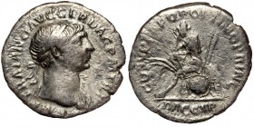 Trajan AR Denarius. Rome, AD 103-111. 
IMP TRAIANO AVG AVG GER DAC P M TR P, laureate head to right, drapery on far shoulder 
Rev: COS V P P S P Q R O...