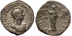 Hadrian. AD 117-138. AR Denarius. Rome mint. 
Laureate bust right with bare chest, slight drapery.
Rev: Pietas standing left, raising right hand. 
RIC...
