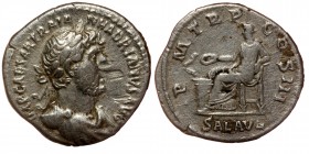 Hadrian, 117-138. Rome, circa AD 123 Denarius AR
laureate head right, draped left shoulder 
Rev: Salus seated left, holding patera & feeding snaked ri...