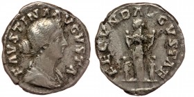 Faustina II (147-75), AR Denarius, issued under Marcus Aurelius 161-175. Rome
draped bust right hair knotted behind
Rev: Fecunditas standing l. betwee...