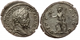 Septimius Severus AR Denarius. Rome, AD 202-120.
Laureate bust to right.
Rev: Virtus standing to left, holding Victory, hand on shield, spear against ...