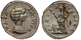 Julia Domna (wife of S. Severus) AR Denarius. Rome, AD 203. 
 draped bust to right.
Rev: Pietas standing to left, raising both hands at garlanded and ...