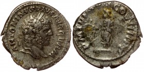 Caracalla (198-217 AR). AR Denarius. Rome, 214
Laureate head to right.
Rev: Genius Senatus, togate, standing left, holding branch and baton.
RIC 246; ...