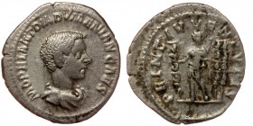 Diadumenian, as caesar (Macrinus, 217-218), Denarius,Rome, AD 217-218, AR.
draped bust right 
Rev: Diadumenian standing left holding sceptre and stand...