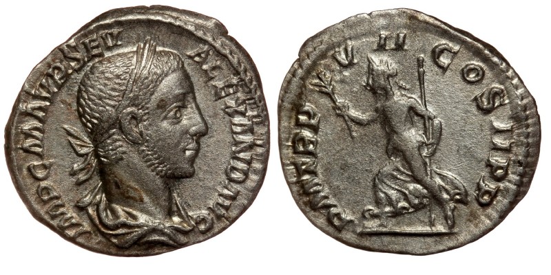 Severus Alexander (222-235 AD). AR Denarius Rome 227 AD. Pax Reverse
laureate, d...