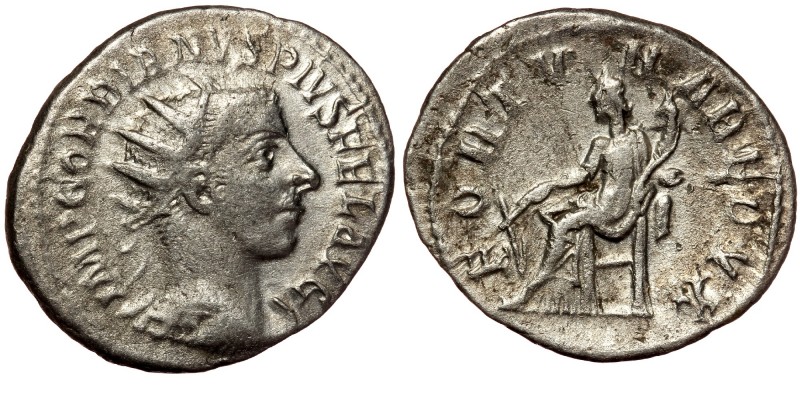 Gordian III. A.D. 238-244. AR antoninianus. Rome 
radiate, draped and cuirassed ...