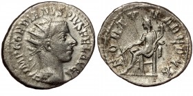 Gordian III. A.D. 238-244. AR antoninianus. Rome 
radiate, draped and cuirassed bust right.
Rev: Fortuna seated left holding rudder and cornucopiae. 
...