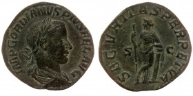 GORDIAN III (238-244). Sestertius. Rome.
IMP GORDIANVS PIVS FEL AVG, Laureate, draped and cuirassed bust right.
Rev: SECVRITAS PERPETVA / S - C, Secur...