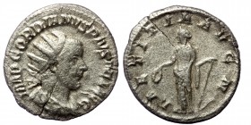 Gordian III AR Antoninianus. Rome, AD 241-243. 
IMP GORDIANVS PIVS FEL AVG radiate, draped and cuirassed bust right 
LAETITIA AVG N Laetitia standing ...
