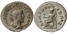Philip I AR Antoninianus. Rome, AD 244-247. 
IMP M IVL PHILIPPVS AVG, radiate, draped and cuirassed bust to right.
Rev: ROMAE AETERNAE, Roma seated le...