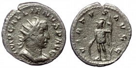 Gallienus (253-268) AR Antoninianus Rome, AD 253-4. 
 IMP C P LIC GALLIENVS AVG radiate and cuirassed bust right 
VIRTVS AVGG Virtus standing left, re...