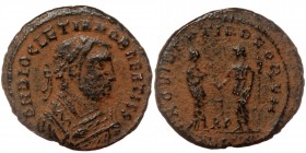 Diocletian, AD 284-305. AE Follis (Nummus) minted at Treveri,
Laureate bust right of Diocletian wearing Imperialmantle, holding branch and mappa. 
Rev...