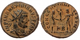 Maximianus Herculius AD 286-305. Cyzicus AE
IMP C MA MAXIMIANVS AVG, radiate and draped bust right, pellet below bust
Rev: CONCORDIA MILITVM, Jupiter ...