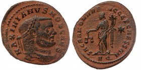 Galerius. As Caesar, A.D. 293-305. AE follis Rome mint, struck A.D. 302-5. 
MAXIMIANVS NOB CAES, laureate head right.
Rev: SACRA MON VRB AVGG ET CAESS...