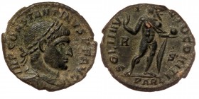 Constantine I Arles, AD 314-315. AE
Laureate, draped and cuirassed to bust to right
Rev: Sol standing to right, holding globe, right hand raised, PARL...