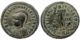 Licinius II (Caesar, 317-324). AE21 Follis Cyzicus, 321-4. 
D N VAL LICIN LICINIVS NOB C Helmeted and cuirassed bust l., holding round shield and spea...