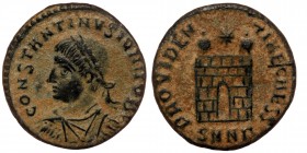 Constantius II (Caesar, 324-337). AE Follis. Nicomedia, 
Rev: Laureate, draped and cuirassed bust left 
Rev: Camp gate with two turrets, star above; S...
