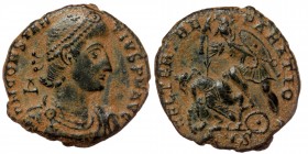 Constantius II Cyzicus, AD 351-354 AE
pearl-diademed, draped and cuirassed bust to right
Rev: helmeted soldier left, spearing fallen horseman to lower...