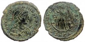 GRATIAN (367-383) AE 25, Cyzicus mint. Struck 383 AD. 
D N GRATIANVS P F AVG Pearl-diademed, helmeted, draped, and cuirassed half-length bust right, h...