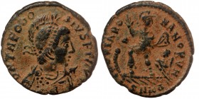 Theodosius I. AD 379-395. AE Cyzicus mint.
Diademed, helmeted, draped, and cuirassed bust right, holding spear and shield / 
Rev: Theodosius standing ...