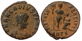 Arcadius. A.D. 383-408. AE Antiochia mint
diademed, draped and cuirassed bust of Arcadius right
Rev: Arcadius as Virtus in military garb standing faci...