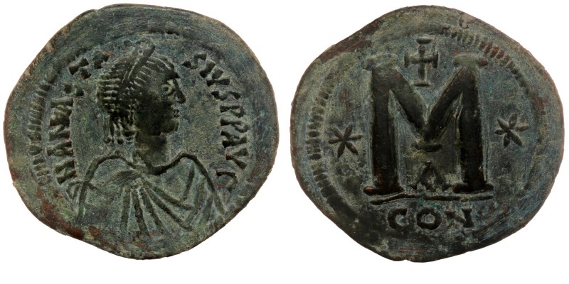 Anastasius I AD 491-518. AE39 Follis, Constantinople. 1st officina, 
D N ANASTA-...