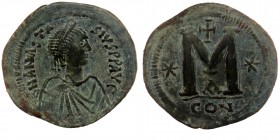 Anastasius I AD 491-518. AE39 Follis, Constantinople. 1st officina, 
D N ANASTA-SIVS P P AVG, diademed, draped, and cuirassed bust right 
Rev: Large M...