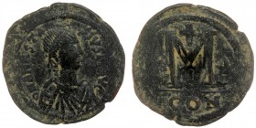 Anastasius I AD 491-518. AE37 Follis, Constantinople. 1st officina, 
D N ANASTA-SIVS P P AVG, diademed, draped, and cuirassed bust right 
Rev: Large M...