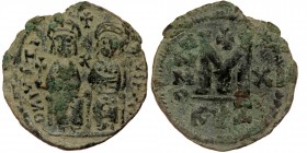 Justin II, with Sophia, 565-578. Follis. Cyzicus, RY 10 = 574/5. 
D N IVSTINVS P P AVG Justin II, holding globus cruciger in his right hand, and Sophi...