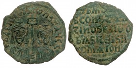 BASIL I THE MACEDONIAN with CONSTANTINE (867-886), AE25 Follis. Constantinople (or uncertain provincial mint?). 
ЬASILIOS S COҺST AЧGG. Crowned facing...