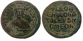 Leo VI the Wise (886-912) AE28 Follis Constantinopolis. 
+LЄOn bASILЄVS ROM,' Bust of Leo VI facing, with short beard, wearing crown ornamented with c...