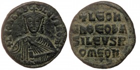 Leo VI the Wise (886-912) AE26 Follis Constantinopolis. 
+LЄOn bASILЄVS ROM,' Bust of Leo VI facing, with short beard, wearing crown ornamented with c...