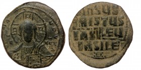 Time of Basil II & Constantine VIII, (ca 976-1025), AE29 Follis, Constantinopolis. 
+ЄMMANOЧHΛ Nimbate bust of Christ facing, wearing tunic and palliu...