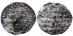 Basil II Bulgaroktonus and Constantine VIII, 976 – 1025 Miliaresion 989-1025, 
En TOVTw nICAT bASILEI CCwnSTI Facing busts of Basil, on left, with sho...
