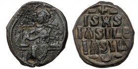 Time of Constantine IX, circa 1042-1055. Anonymous AE follis , Constantinopolis. 
Christ seated facing on square-backed throne. 
Rev. IS XS / bASILE /...