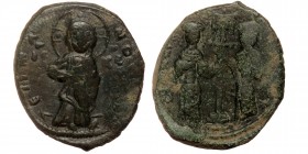 Constantine X Ducas and Eudocia AD 1059-1067. Constantinople Follis AE28
Christ standing facing on footstool, wearing nimbus and holding Gospels
Rev: ...