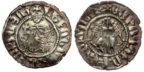 ARMENIA. Levon I. 1198-1219. AR Tram
Levon seated on lion throne / Crowned rampant lions with patriarchal cross.
Bedoukian 71 var. AC 277 var.
2.80...