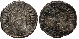 Armenia, Cilician Armenia. Hetoum I AR Half Tram. AD 1226-1270. 
Hetoum and Queen Zabel standing facing, holding long cross between them.
Rev: Crowned...