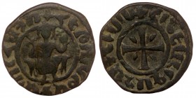 ARMENIA. Hetoum I (1226-1270). AE29 Tank. 
Hetoum seated facing on leonine throne, holding lis-tipped sceptre and orb. 
Rev: Cross potent, with wedge ...