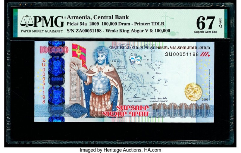 Armenia Central Bank 100,000 Dram 2009 Pick 54a PMG Superb Gem Unc 67 EPQ. 

HID...