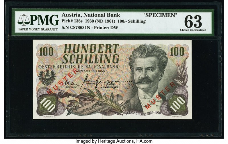 Austria Austrian National Bank 100 Schilling 1960 (ND 1961) Pick 138s Specimen P...