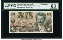 Austria Austrian National Bank 100 Schilling 1960 (ND 1961) Pick 138s Specimen PMG Choice Uncirculated 63. Red overprints, roulette punch and pinholes...